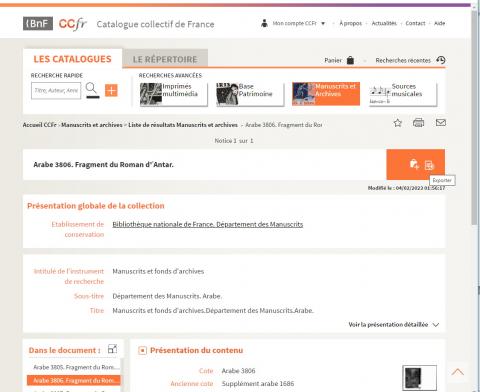 Affichage et export d'une notice de manuscrit du Catalogue collectif de France